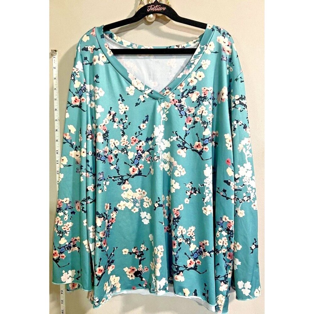 Floral V-Neck Long Sleeve Top Size 2XL Green Blossom Print
